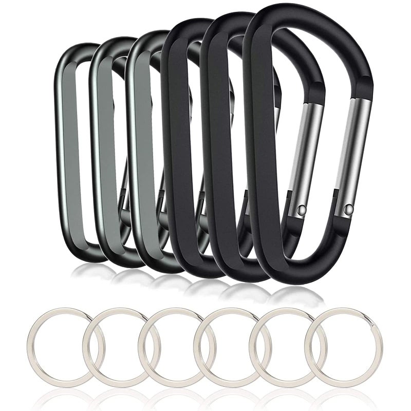 CampTek 6PCS Carabiner Caribeaner Clip,3" Large Aluminum D Ring Shape Carabeaner with 6PCS Keyring Keychain Hook (Black + Grey) - Image 1